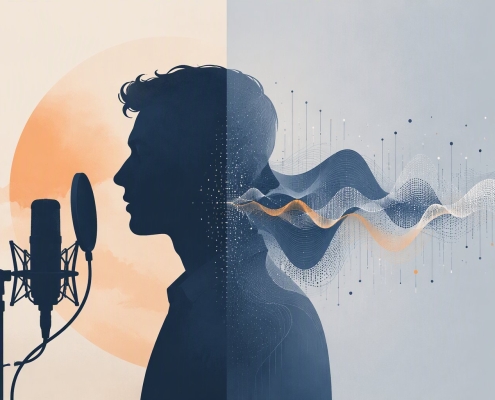 Human voice actor vs AI voice - silhouette with microphone turning into digital sound waves